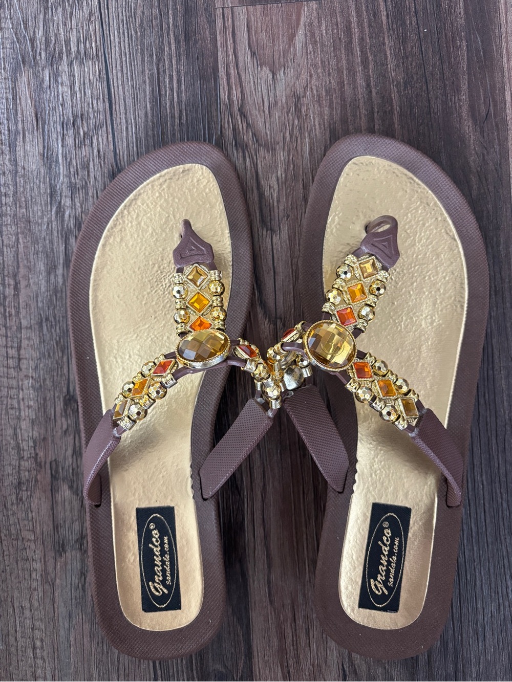 Jeweled Brown and Gold Women's Thong Sandals
